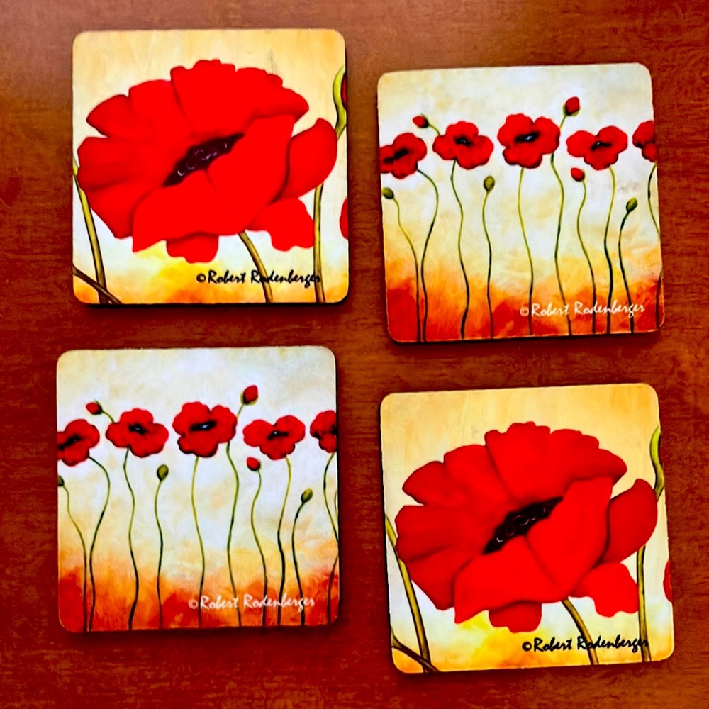 VINTAGE ROBERT RODENBURGER 3.5” SQUARE FOAM COASTERS FEATURING “POPPY GA…